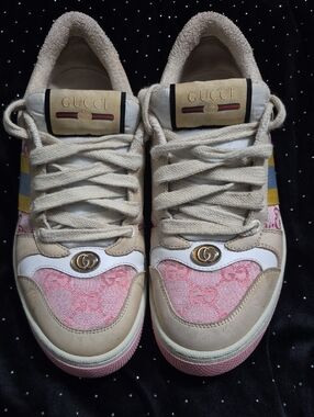 Gucci Beige, Pink and Blue Web GG Low-Top Sneakers